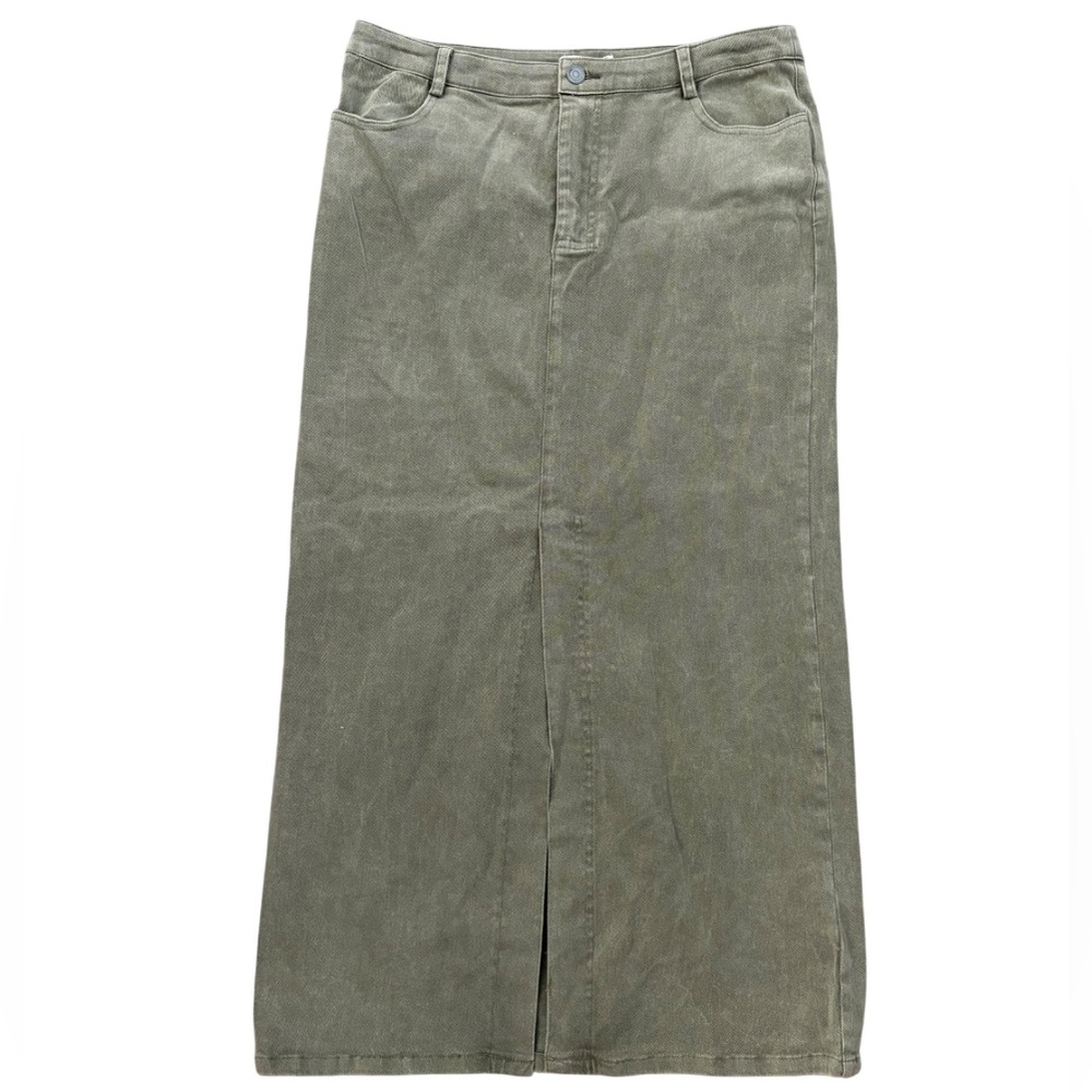 NWT In Loom Olive Green Midi Twill Stretch Skirt Size Large